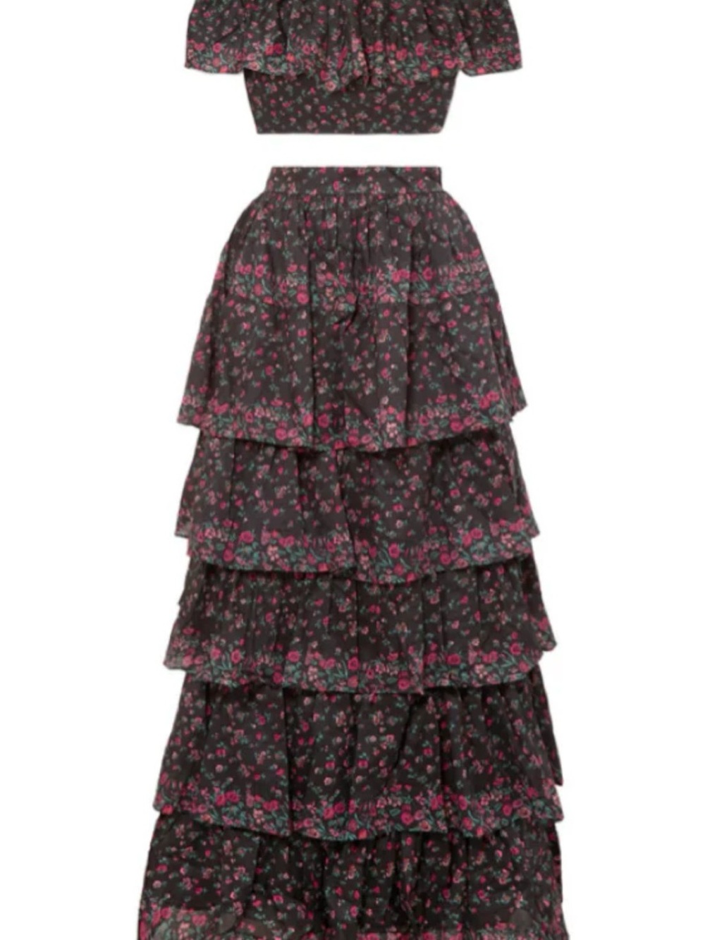 LoveShackFancy Black Maxi Skirt with Pink Floral Print